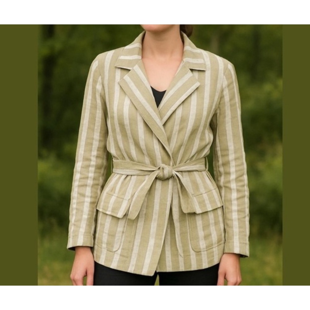 Lord & Taylor Olive Green Striped 100% Linen Belted Safari Jacket WM's Large EUC